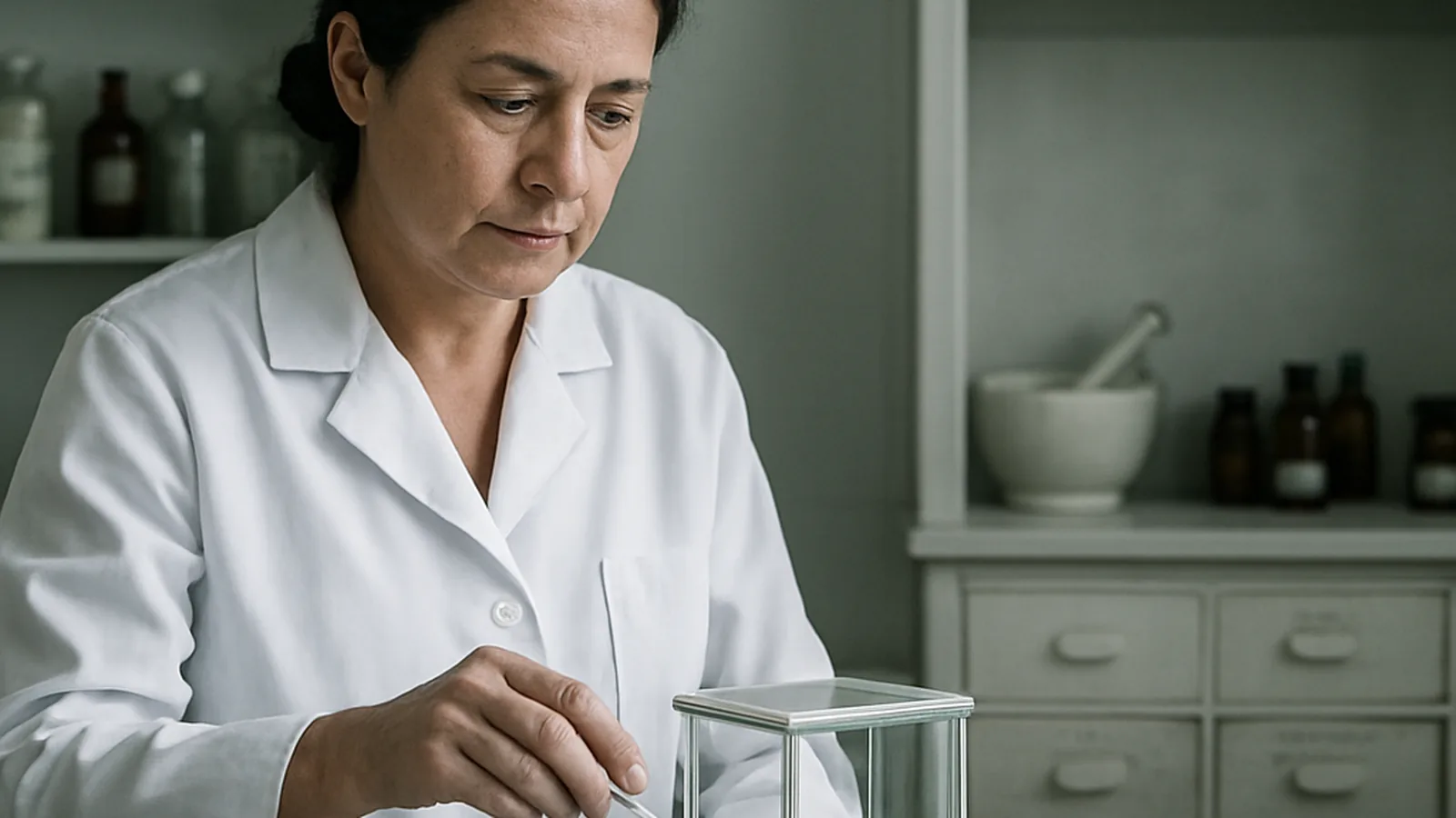 Blanca Urgal Polo trabajando en el laboratorio de fórmulas magistrales de la Farmacia Nueva Esperanza